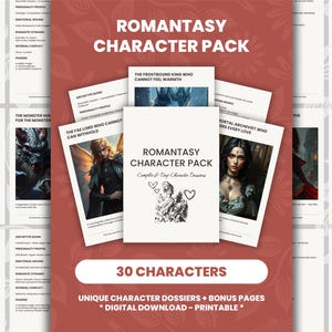 Peut inclure: Un pack de personnages Romantasy avec 30 dossiers de personnages, des pages bonus et un téléchargement numérique. La couverture présente un couple et des cœurs, entourés de fiches de personnages avec de l'art fantastique.