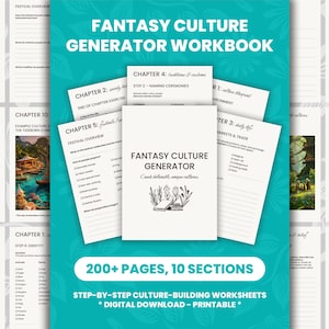 May include: A teal-coloured Fantasy Culture Generator Workbook featuring a central white cover with black text and a line art illustration of books and plants. The workbook includes 200+ pages, 10 sections, and various worksheets for building cultures, displayed with multiple interior page previews.