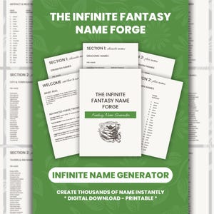 Puede incluir: Una descarga digital titulada "The Infinite Fantasy Name Forge" con un fondo verde. La imagen presenta varias páginas con listas de nombres y un documento central con el título y un gráfico de libros apilados. El texto incluye "Crea miles de nombres al instante" y "Descarga digital - Imprimible."