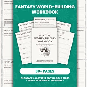 Pode incluir: Um caderno branco intitulado "Fantasy World-Building Workbook" com uma ilustração de castelo. A imagem mostra páginas com prompts e o texto "30+ páginas". O texto "Digital Download - Printable" também é visível. Um guia prático para escritores de fantasia.
