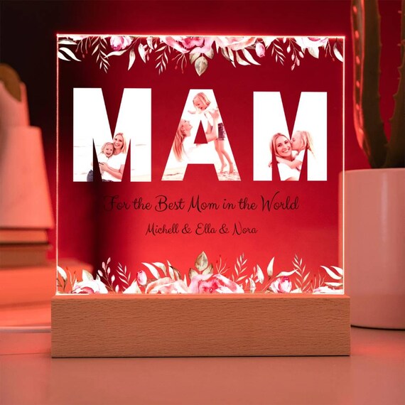 Personalized Acrylic Plaque, Custom Photo LED Sign, Floral Design Gift, Mom Gift, USB or Battery Option