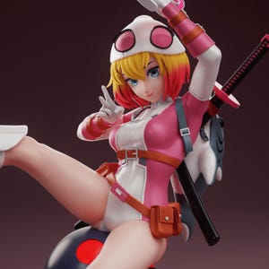 May include: A detailed figurine of a female anime character in a pink and white bodysuit, a white helmet with pink circles, and yellow and red hair. She has a brown belt with a small pouch and a katana on her back. The figure is posed in a dynamic action.