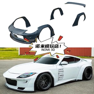 May include: A white sports car with black wheels and a body kit, with the text "NOMI 3D" in a speech bubble. The image also shows the separate components of the body kit.