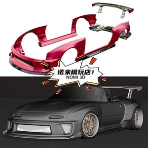 Pode incluir: Imagem dividida em duas partes: um kit de carroçaria vermelho desmontado e um carro desportivo preto totalmente montado. O kit vermelho inclui guarda-lamas, para-choques e um spoiler. O carro preto tem jantes douradas e um spoiler traseiro. O texto "NOMI 3D" é visível.