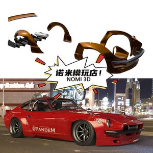 Puede incluir: Un coche deportivo rojo con ruedas negras y el texto "PANDEM" en el lateral. Encima del coche hay varias piezas de coche marrones. La imagen también incluye el texto "NOMI 3D" en un bocadillo.