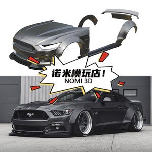 May include: A gray Ford Mustang sports car with custom body kit components displayed above. The car has a black racing stripe and custom wheels. The text "NOMI 3D" is in a speech bubble.