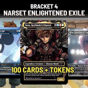 May include: Three trading cards titled King Mickey's Aid, Sora, Keyblade's Chosen, and Riku, Guardian of Light. The central card features a character sitting on a throne. Text at the top reads BRACKET 4 NARSET ENLIGHTENED EXILE and 100 CARDS + TOKENS.