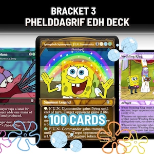 May include: Three trading cards featuring SpongeBob SquarePants characters. The cards include "Hooked On Mana", "Spongebob Squarepants, F.U.N. Commander", and "Wedding Ring". The text "100 CARDS" is also visible.