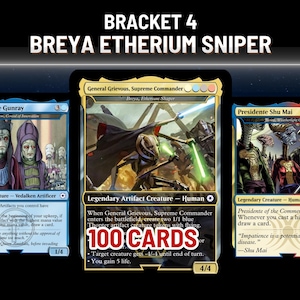 May include: Three Magic: The Gathering cards are displayed, featuring characters and text. The cards are titled "Viceroy Nute Gunray", "General Grievous, Supreme Commander", and "Presidente Shu Mai". The text "100 CARDS" is also visible.