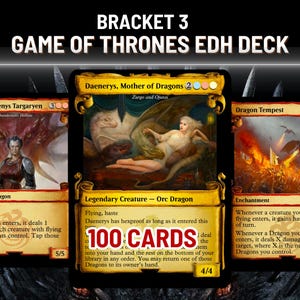 May include: Game of Thrones EDH deck featuring three fantasy cards. The cards include "Meleys, Rhaenys Targaryen", "Daenerys, Mother of Dragons", and "Dragon Tempest". The deck contains 100 cards.