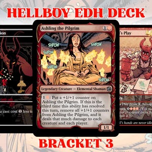 Puede incluir: Tres cartas de Magic: The Gathering con ilustraciones temáticas de Hellboy. Las cartas incluyen "Ruby Medallion", "Ashling the Pilgrim" y "'s Play". Se muestra el texto "HELLBOY EDH DECK" y "BRACKET 3".