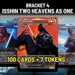 May include: A collection of three trading cards featuring Star Wars characters, including Darth Vader and Chewbacca. The cards display detailed illustrations, text, and game statistics. The set is labeled as Bracket 4 Isshin Two Heavens As One.
