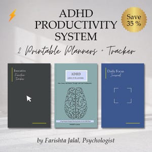 Op de afbeelding: ADHD Productiviteitssysteem met twee printbare planners en een tracker. De planners zijn in donkergrijs, lichtblauw en blauw. De tekst bevat "Executive Function Tracker", "ADHD Adult Planner" en "Daily Focus Journal". Een gouden cirkel geeft 35% korting aan.