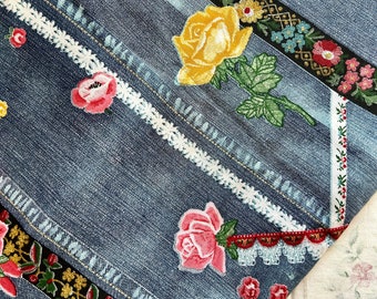 By the Yard - 1980's Faux Denim Floral Cotton Fabric