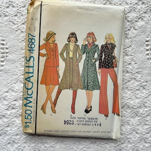 May include: Vintage McCall's sewing pattern number 4687 for a misses' and junior coat or jacket, skirt and pants. The pattern is priced at £1.50 and features four different styles of clothing.