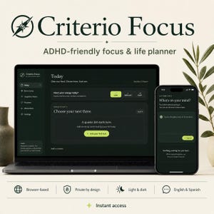 Könnte beinhalten: Ein Laptop und ein Smartphone zeigen die Benutzeroberfläche des Criterio Focus Planers. Die dunkel gestaltete Software bietet Bereiche für tägliche Aufgaben, Energieniveaus und ein Erfassungstool mit hellgrünen Akzenten.