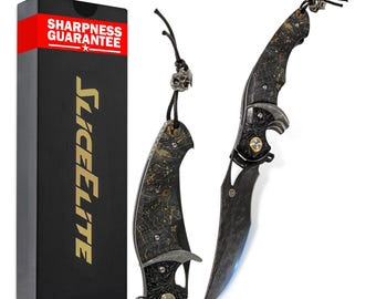 SliceElite Black Lotus Folding Knife VG10 Damascus Steel 89 Layer Blade Stabilized Maple Burl Wood Handle Compact Small Pocket Folding Knife
