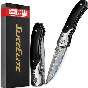 May include: A black and silver folding knife with a patterned blade, next to its closed form and a black box with the text "SLICELITE" and "SHARPNESS GUARANTEE". The knife has a black handle and a silver bolster.