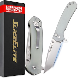 May include: A light green folding knife with a silver blade, open and closed, and a black box. The knife has the text "SliceElite" and "Ghost" on it. The box has the text "Sharpness Guarantee" and "SliceElite".