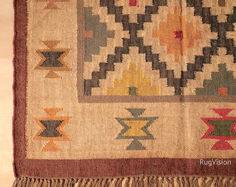 Vintage Wool Jute Kilim Rug – Handwoven Indian Dhurrie, Custom Size Traditional Area Carpet.