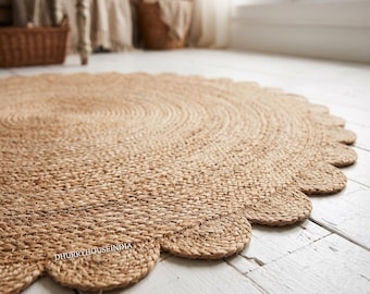 Handgemaakt rond jute vloerkleed met geschulpte rand – Natuurlijk boho vloerkleed voor de woonkamer – van SutraLush