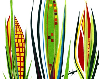 Corn in the Corral, Contemporary Art Giclee Print, Original Masking Tape Art Design, Colorful, Nature Theme, Art Gift, Word is Art Studio