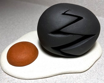 Small Black Cracked Egg, Ceramic Sculpture in Raw Clay Tones, One of a Kind, Kinetic Sculpture, Contemporary Art, Pop Art, Egg Art