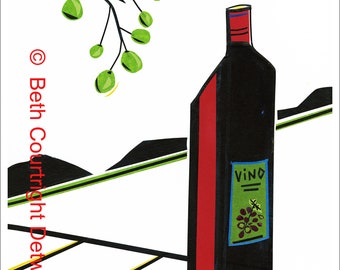 VINO, Contemporary Art Giclee Print, Original Masking Tape Art Design, Colorful Wine Theme, Wine Lover Gift,  Still-Life with Wine Bottle