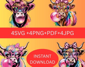 Coquette Highland Cow SVG, Bubblegum, Watercolor Clipart (Digital Download)
