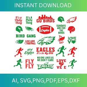 Puede incluir: Colección de gráficos digitales con temática de los Eagles de Filadelfia en verde, rojo y blanco. Incluye texto como "It's a Philly Thing" y "Go Birds". Presenta águilas, balones de fútbol y figuras corriendo. Formatos: AI, SVG, PNG, PDF, EPS, DXF.