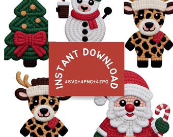 Faux Yarn Leopard Christmas PNG Bundle: Crochet Santa, Reindeer (Digital Download)