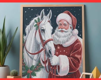 Vintage Santa Claus With White Horse Christmas Art (Digital Download)