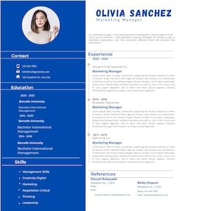 Op de afbeelding: Een professionele CV-sjabloon in blauw en wit. Het CV bevat secties voor contactgegevens, opleiding, vaardigheden, ervaring en referenties. De naam "OLIVIA SANCHEZ" en de titel "Marketing Manager" staan bovenaan.