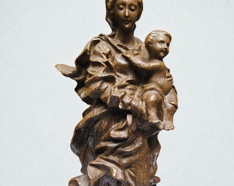 Estatua barroca vintage de la Virgen María y el Niño, seguidor de Jean Del Cour