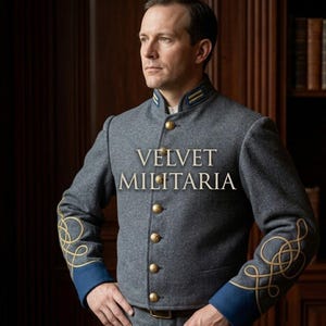 May include: A gray military jacket with gold buttons and decorative gold embroidery on the sleeves. The jacket has blue accents on the collar and cuffs. The text "VELVET MILITARIA" is displayed on the jacket.