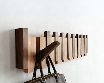 Solid Wood walnut Piano Coat Rack, Space Saving Magnetic Hook Wall Rack, Multifunctional Rustic Farmhouse Decor Coat Hat Towel Storage