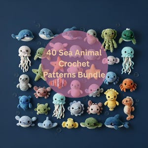 Könnte beinhalten: Eine Sammlung von 40 Häkelmustern für Meerestiere, darunter Wale, Quallen, Krabben und Seesterne. Die Muster werden auf einem dunkelblauen Hintergrund präsentiert. Der Text "40 Sea Animal Crochet Patterns Bundle" ist sichtbar.