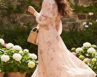 Floral Chiffon Maxi Dress - Long Sleeve Wedding Guest Dress, Elegant Pink Flower Print Gown