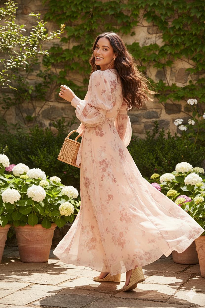 chinese dress ladies Blush Floral Maxi Dress with 3/4 Sleeves main image 0