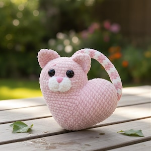 Puede incluir: Un bolso rosa con forma de gato tejido a ganchillo con cuerpo en forma de corazón, ojos negros y hocico blanco. El asa es de rayas rosas y blancas. El bolso está sobre una superficie de madera.