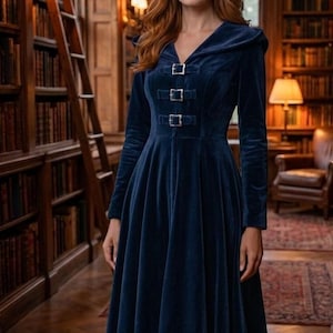 May include: A long-sleeved, navy blue velvet dress with a hooded neckline and three silver buckle closures. The dress has a flared skirt and is suitable for formal occasions. The model is standing in a library setting.