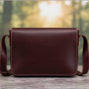 May include: A burgundy leather messenger bag with a rectangular shape and a flap closure. The bag has a long, adjustable shoulder strap and white stitching details. The bag is sitting on a gray surface.