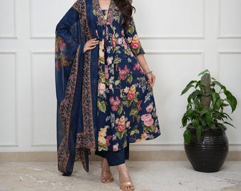 Pure Cotton Embroidered Printed Kurti Set with Pant & Mulmul Dupatta | Indian Ethnic Wear