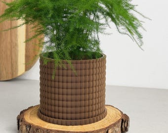 Vaso marrom canelado com drenagem e pires – Vaso moderno para plantas de interior, presente de boas-vindas