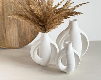 Vaso minimalista de capim-dos-pampas – Vaso branco texturizado para flores secas – Decoração escandinava Japandi Boho