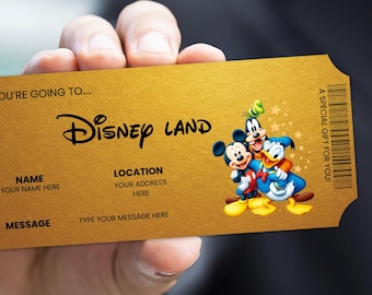 Plantilla de boleto sorpresa para parque temático, cupón de regalo para revelar un viaje mágico, boleto de vacaciones imprimible y editable en Canva.