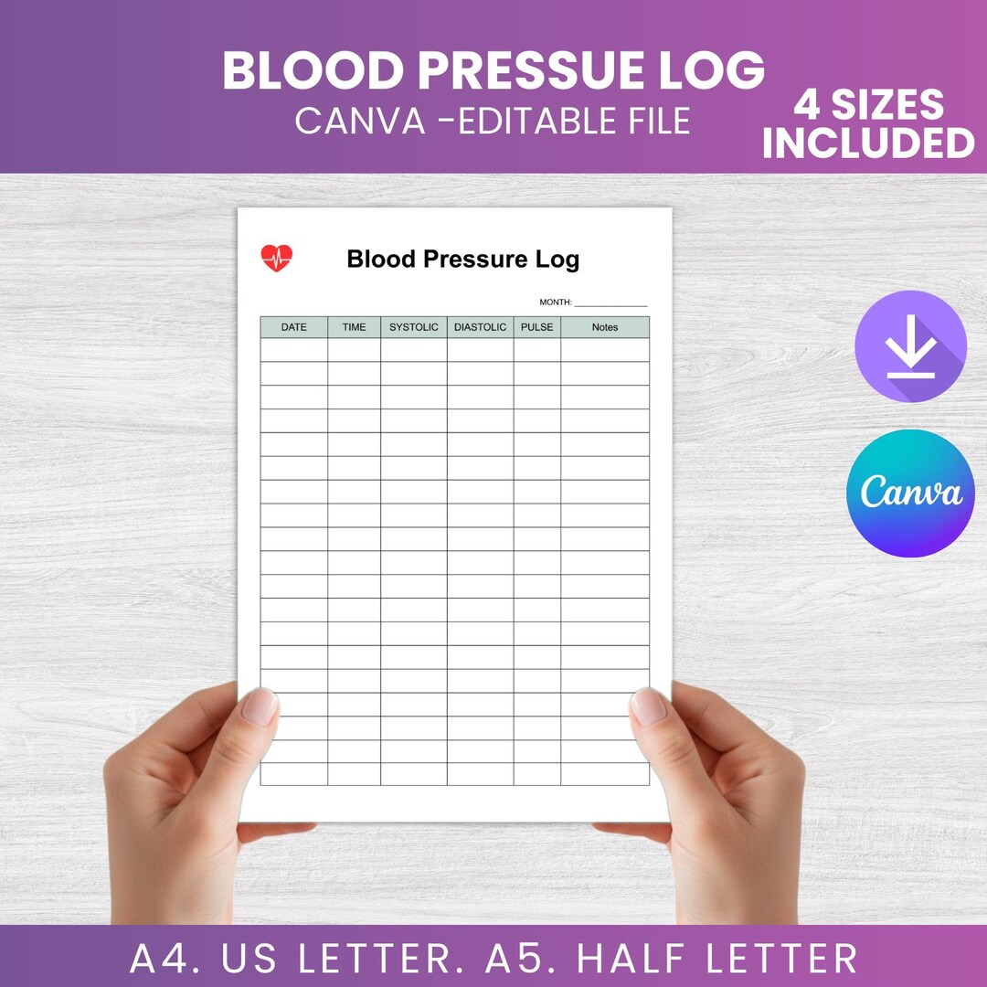 Blood Pressure Log Printable Blood Pressure Tracker PDF Blood Sugar ...