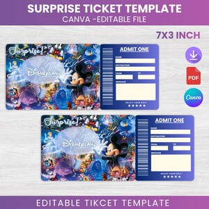 Könnte beinhalten: Zwei Disneyland-Überraschungsticketvorlagen. Jedes Ticket ist 17,78 x 7,62 cm groß und zeigt Micky Maus, Aschenputtel und andere Disney-Figuren. Die Tickets haben einen blauen Hintergrund mit weißem Text "ADMIT ONE". Die Tickets sind editierbar.