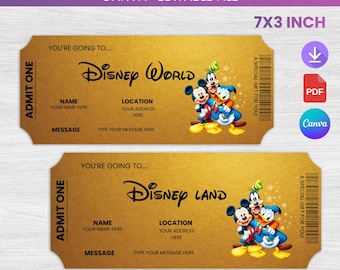 Mall för överraskningsbiljett till temapark, presentkort för avslöjande av magisk resa, redigerbar Canva-semesterbiljett att skriva ut