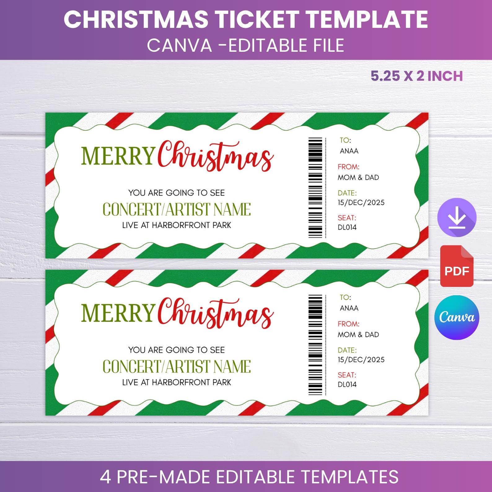 Editable Christmas Gift Ticket Template • Concert Surprise (PDF) Etsy